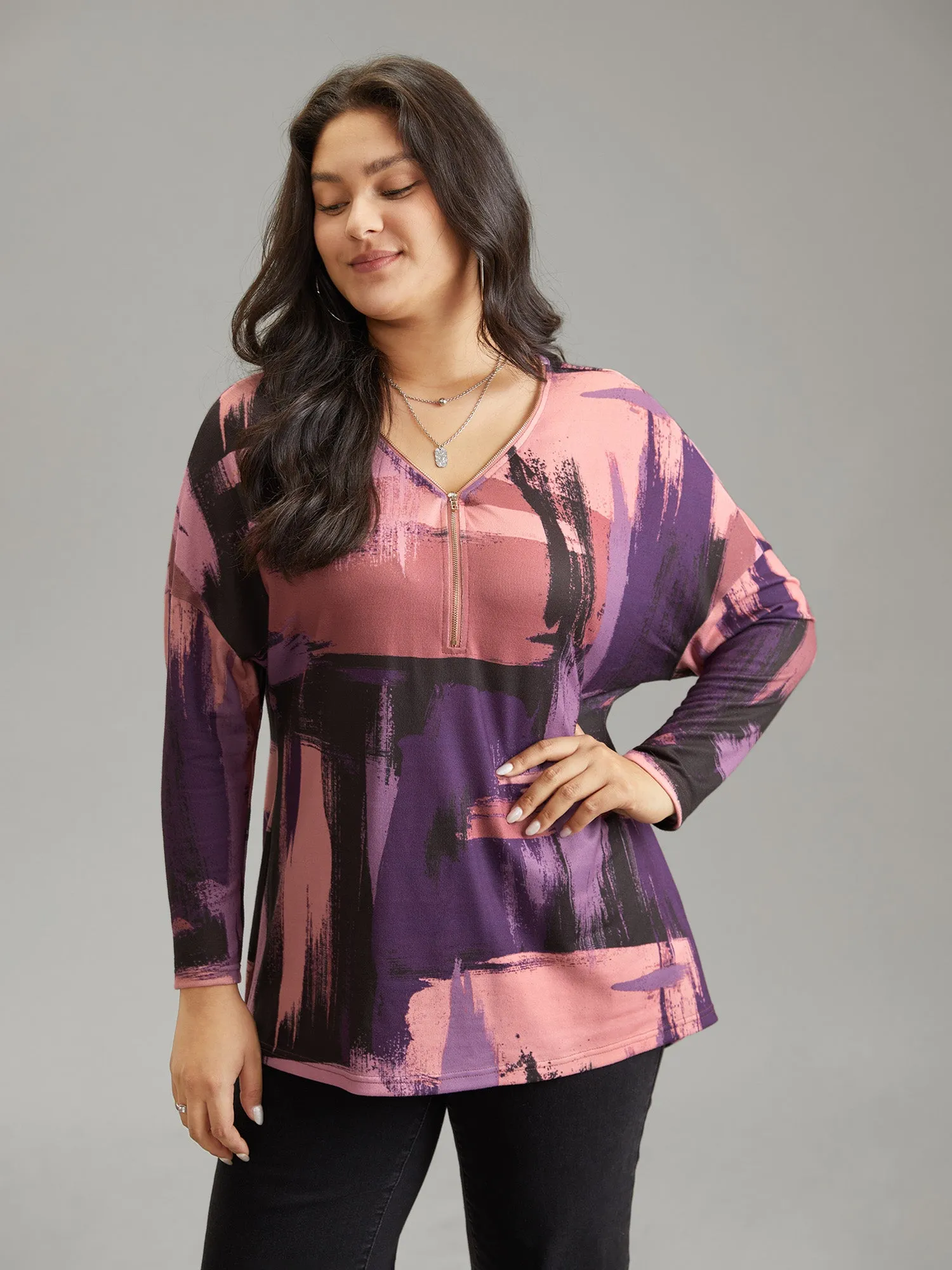 Contrast Colorblock Brush Print Half Zip T-shirt sold by Bloomchic