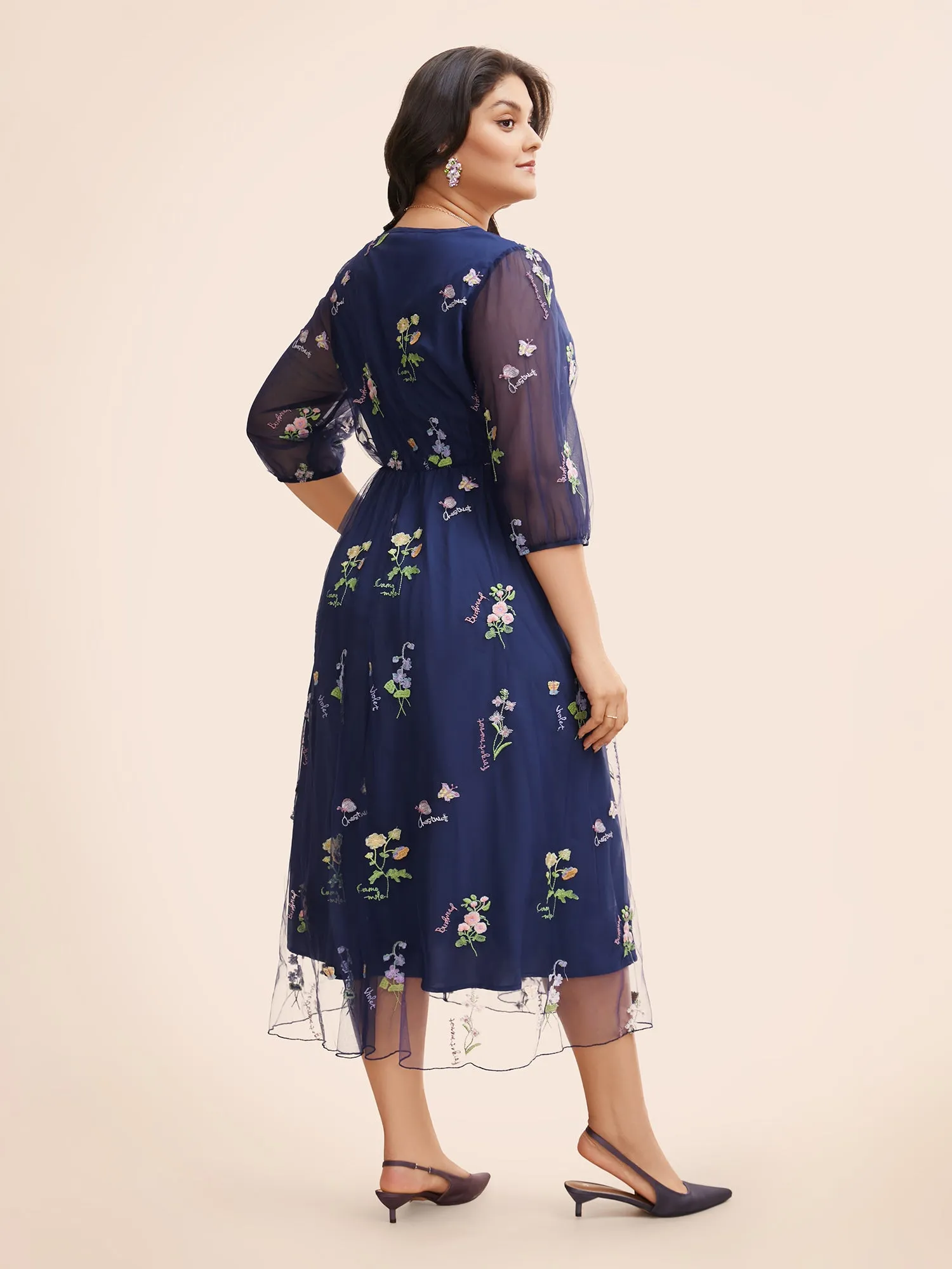 Floral Embroidered Mesh Patchwork Lantern Sleeve Dress sold by Bloomchic product image thumbnail 4