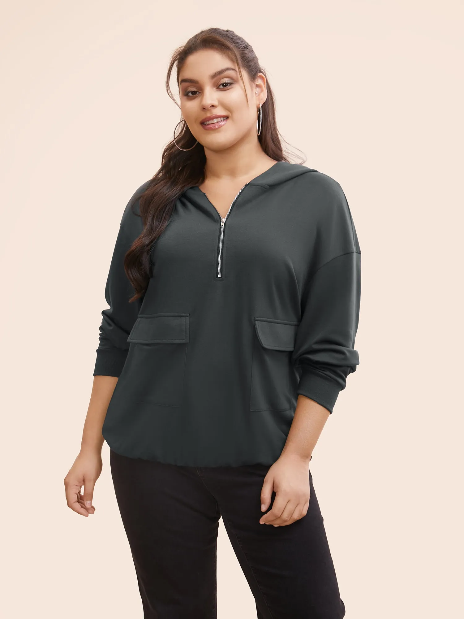 Half Zip Hooded Pocket Sweatshirt sold by Bloomchic