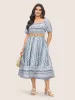 Geometric Shirred Pocket Lantern Sleeve Dress sold by Bloomchic