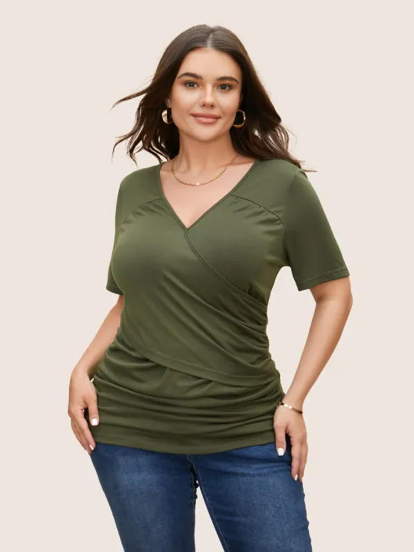 Solid Overlap Collar Ruched Slim T-shirt sold by Bloomchic