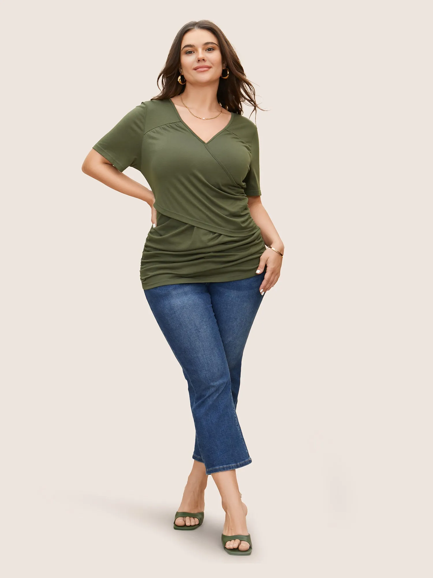 Solid Overlap Collar Ruched Slim T-shirt sold by Bloomchic product image thumbnail 3