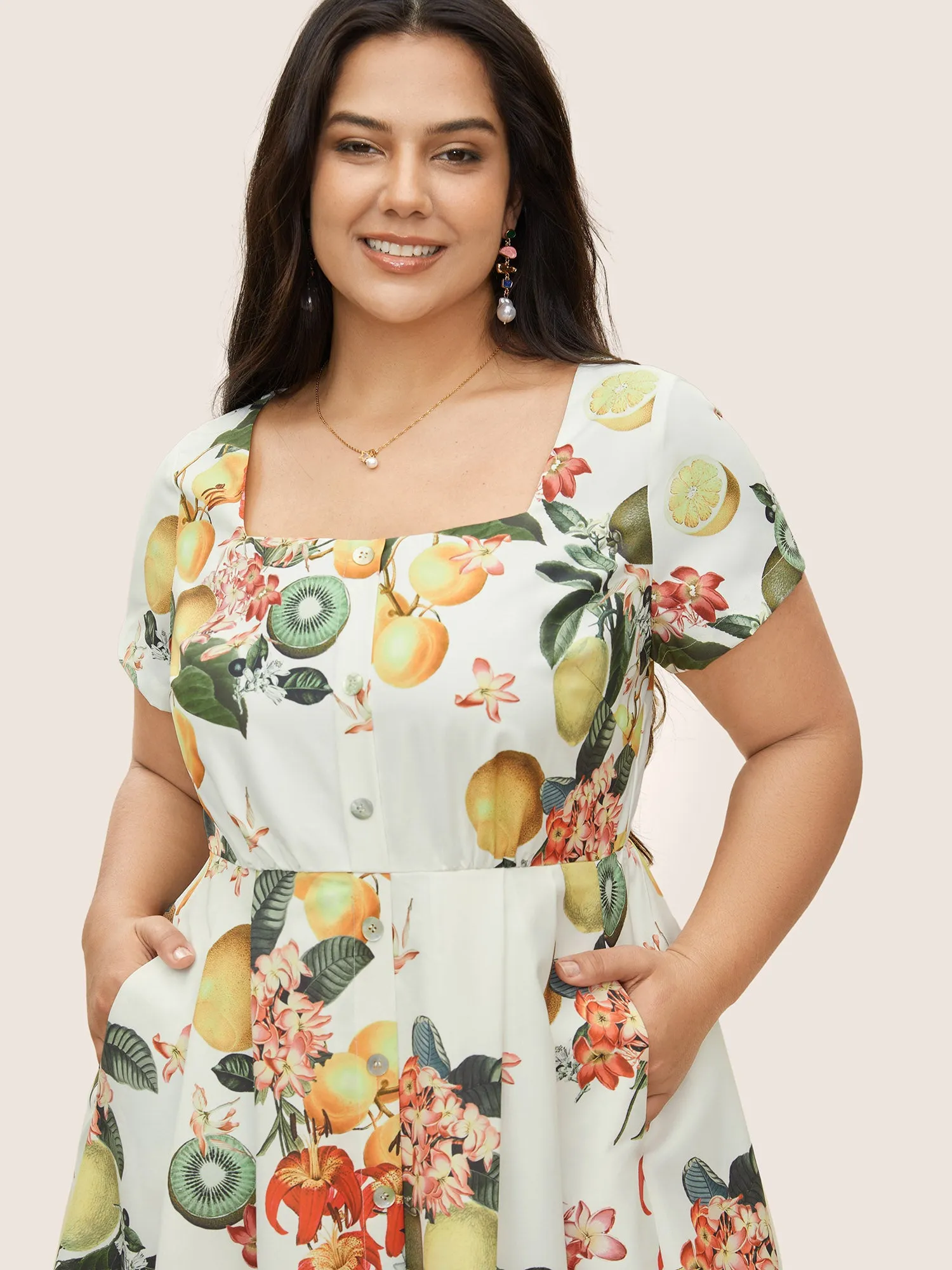 Citrus Square Neck Fruit Print Button Detail Dress sold by Bloomchic product image thumbnail 4