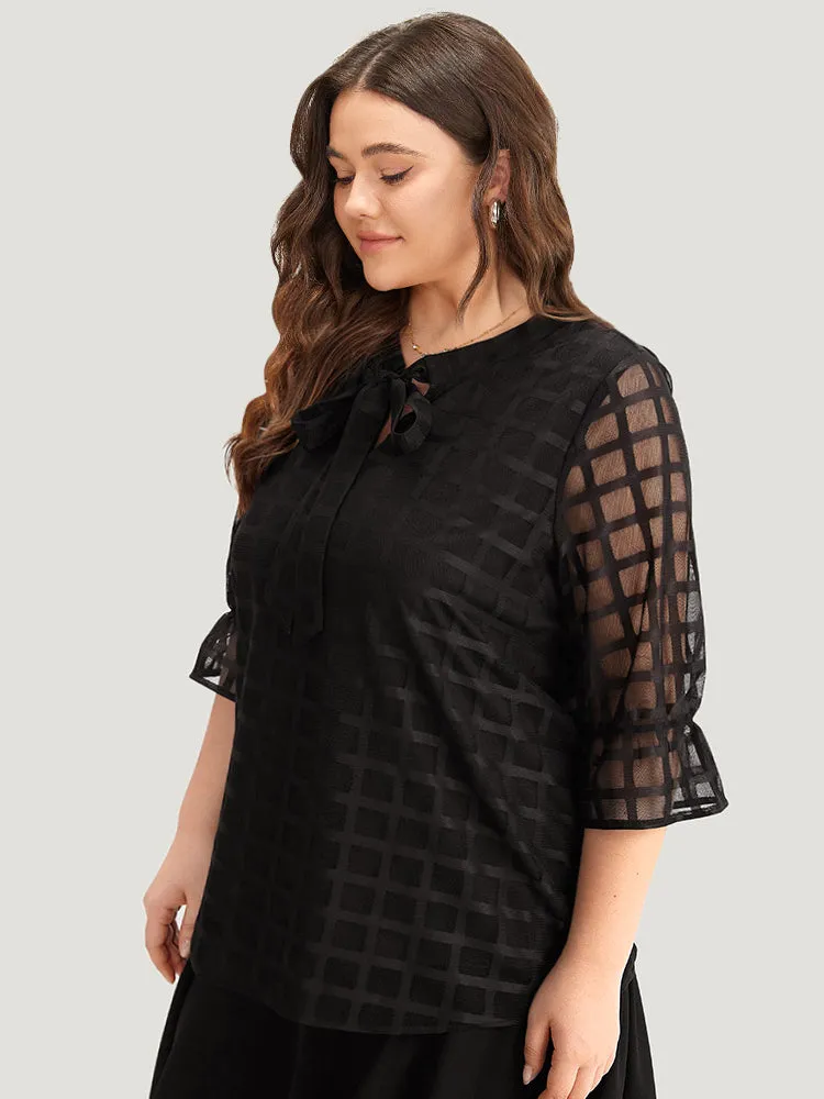 Plaid Knot Neck Mesh Woven Top sold by Bloomchic product image thumbnail 4