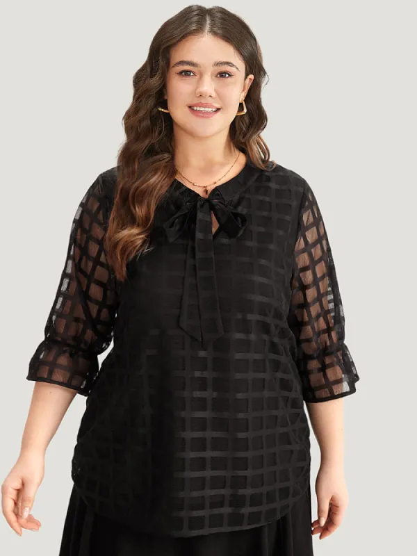 Plaid Knot Neck Mesh Woven Top sold by Bloomchic
