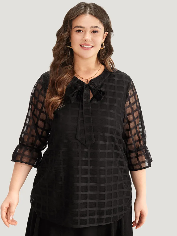Plaid Knot Neck Mesh Woven Top sold by Bloomchic