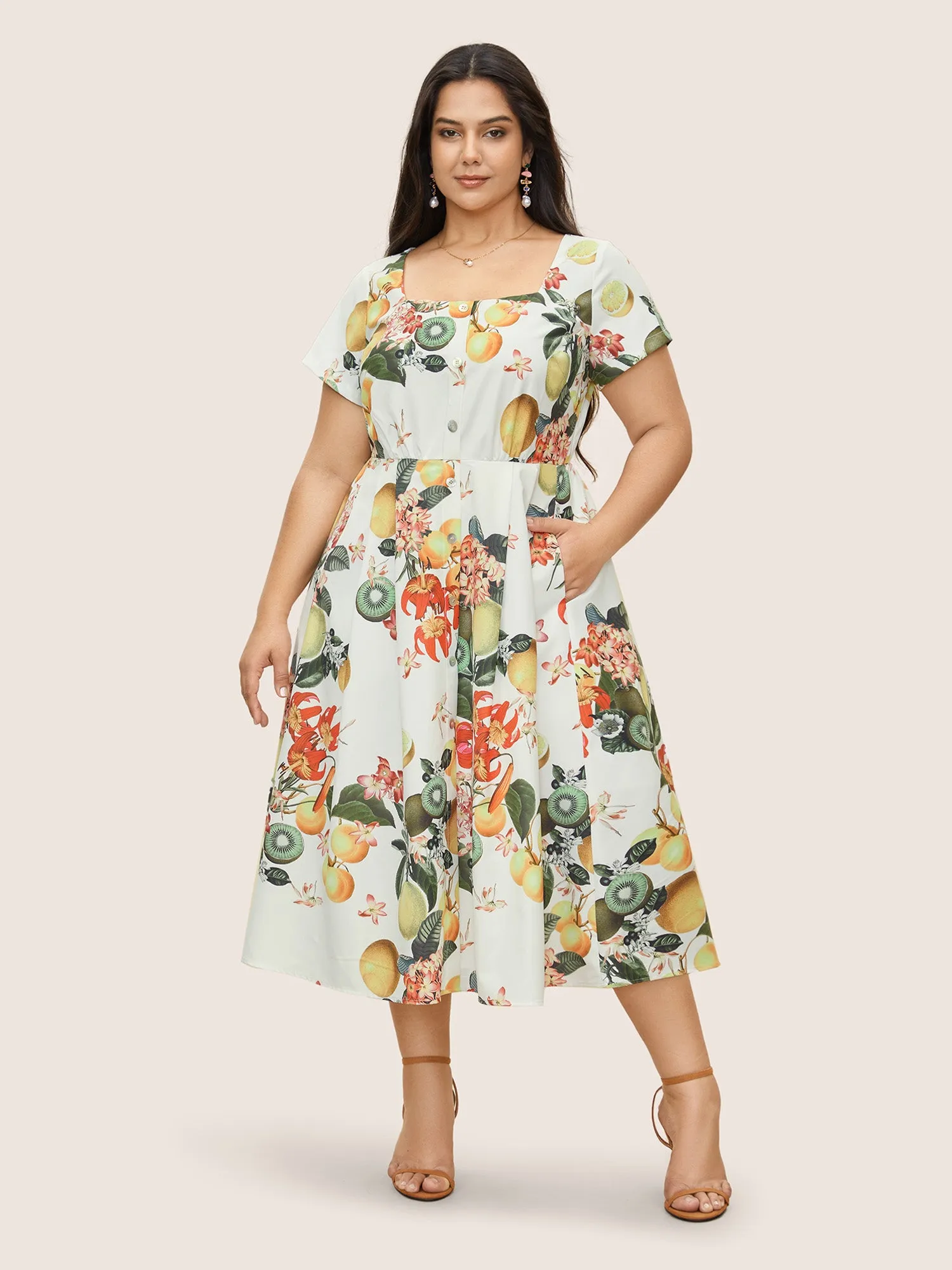 Citrus Square Neck Fruit Print Button Detail Dress sold by Bloomchic product image thumbnail 2