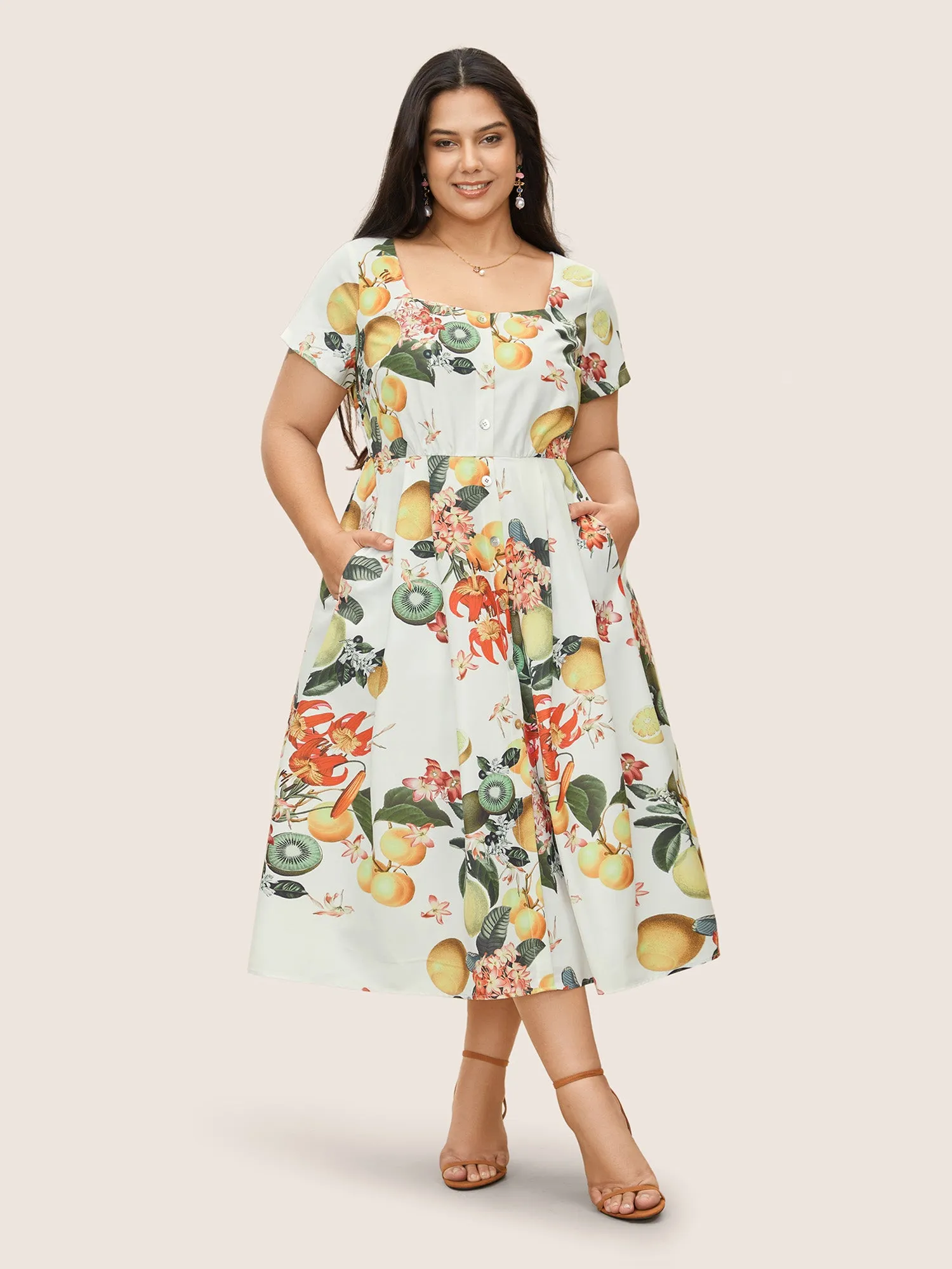 Citrus Square Neck Fruit Print Button Detail Dress sold by Bloomchic