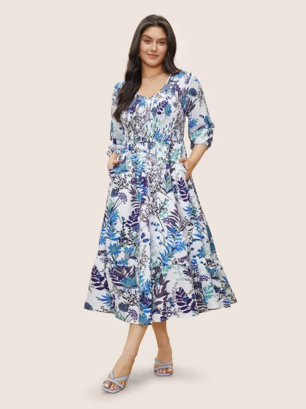 Plants Print Shirred Elastic Waist Gathered Dress sold by Bloomchic