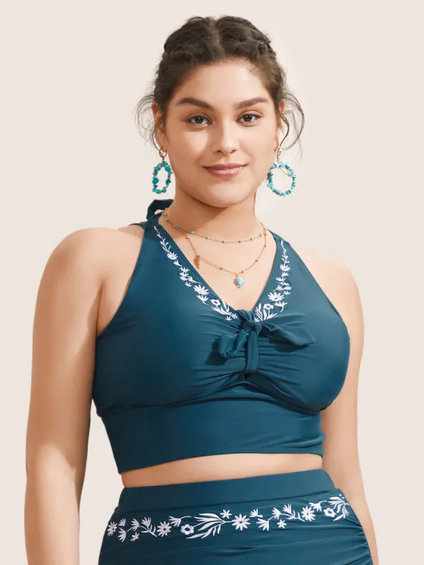 Floral Embroidered Knot Ruched Swim Top sold by Bloomchic