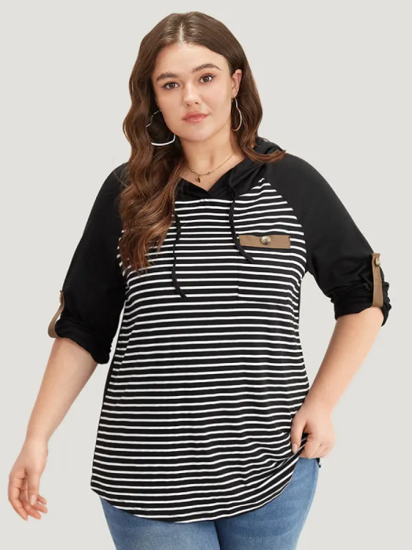 Striped Patched Pocket Button Detail T-shirt made by Bloomchic
