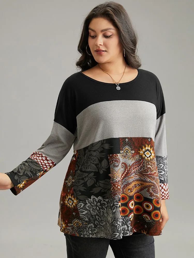 Boho Print Colorblock Contrast Crew Neck T-shirt sold by Bloomchic product image thumbnail 3