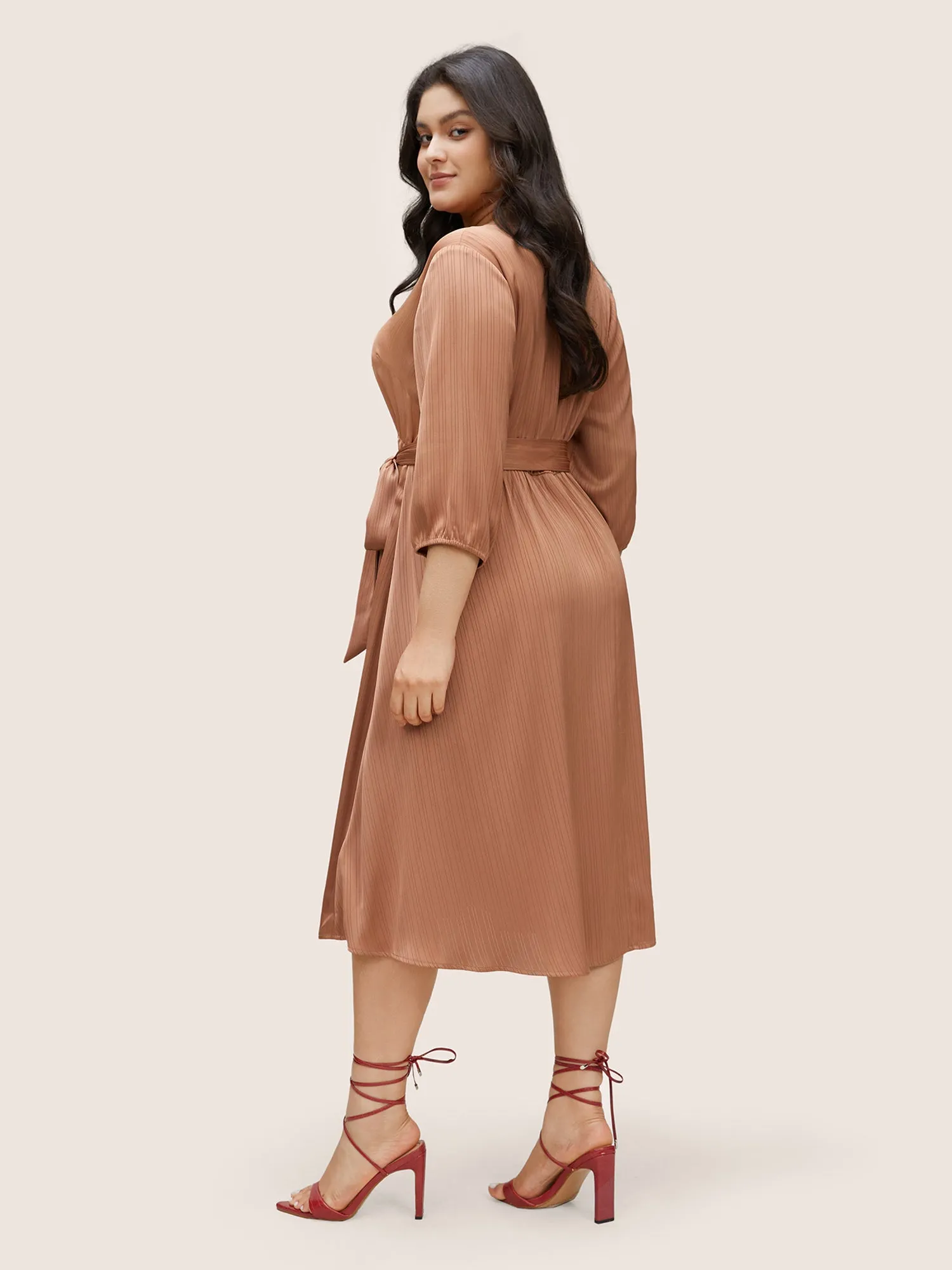 Textured Split Side Belted Overlap Collar Dress sold by Bloomchic product image thumbnail 3