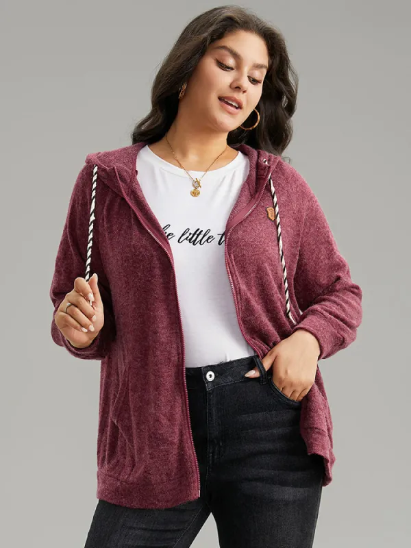 Solid Badge Trim Drawstring Zipper Jacket sold by Bloomchic