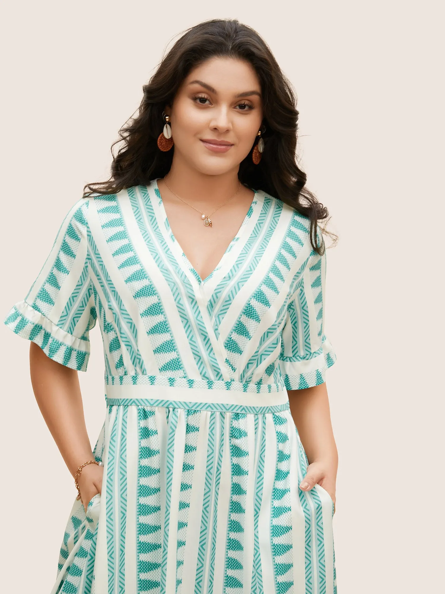 Bandana Striped Overlap Collar Flutter Hem Dress sold by Bloomchic product image thumbnail 4