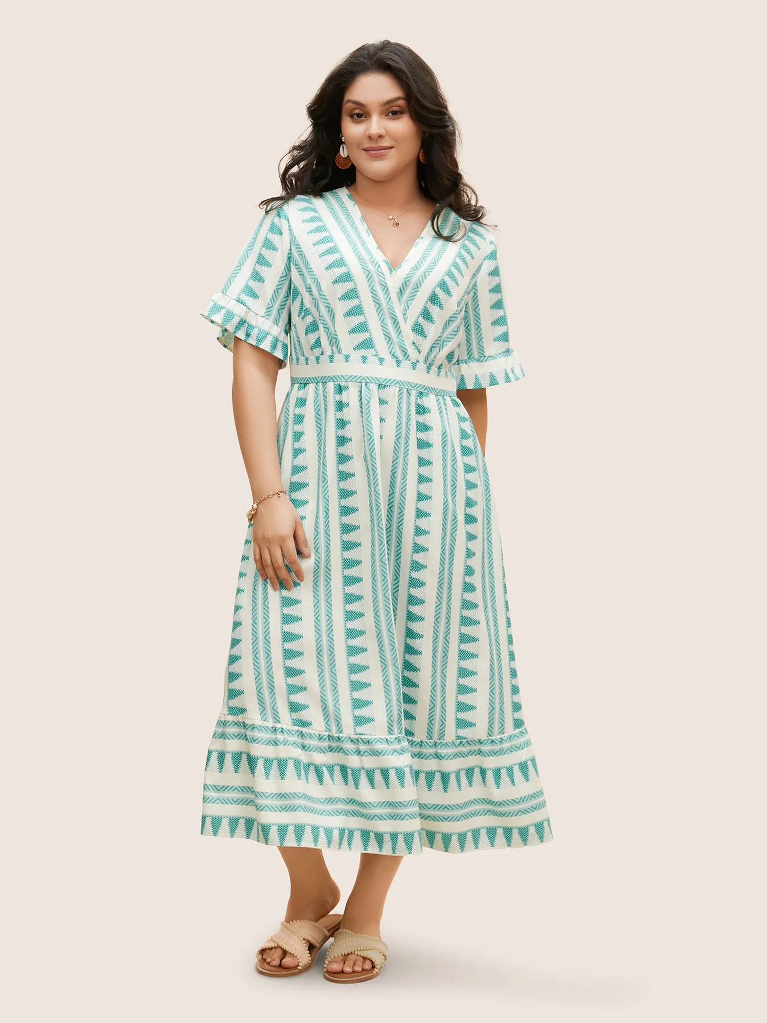 Bandana Striped Overlap Collar Flutter Hem Dress sold by Bloomchic product image thumbnail 2