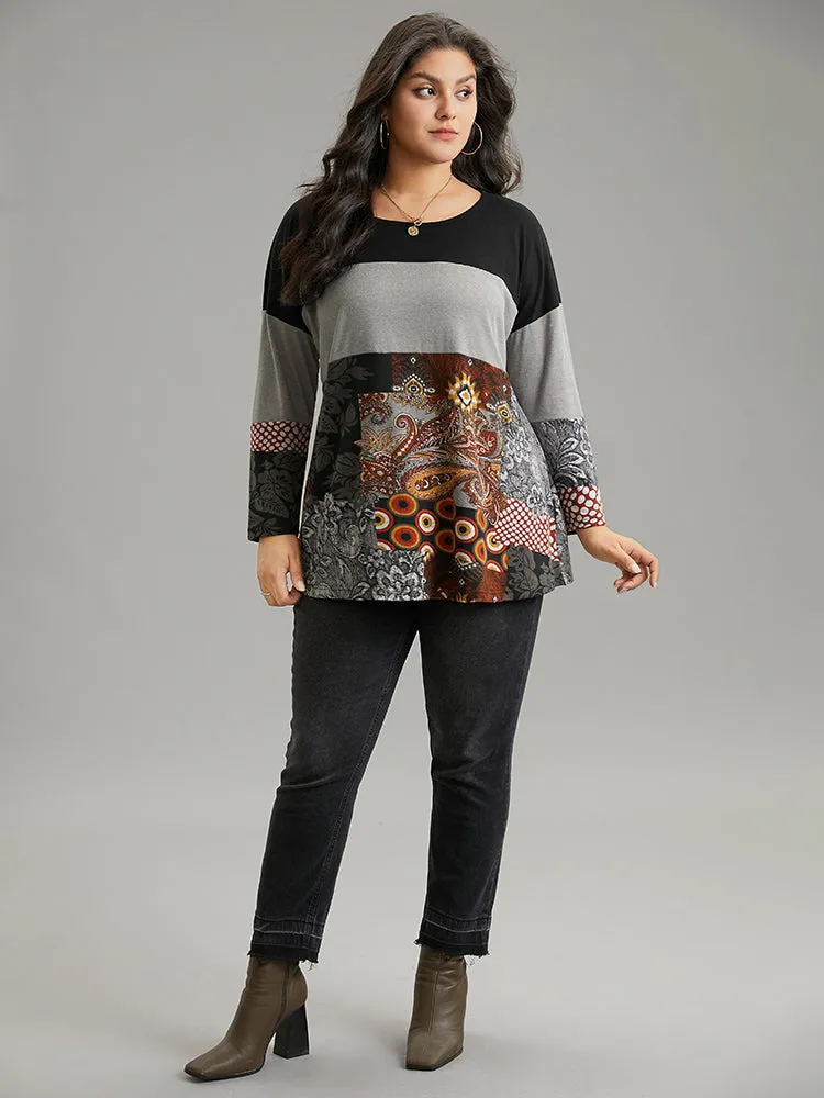 Boho Print Colorblock Contrast Crew Neck T-shirt sold by Bloomchic product image thumbnail 4