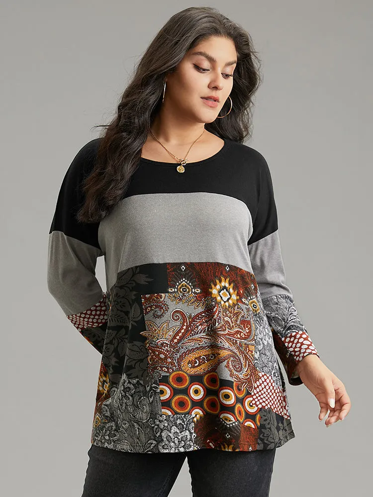 Boho Print Colorblock Contrast Crew Neck T-shirt sold by Bloomchic