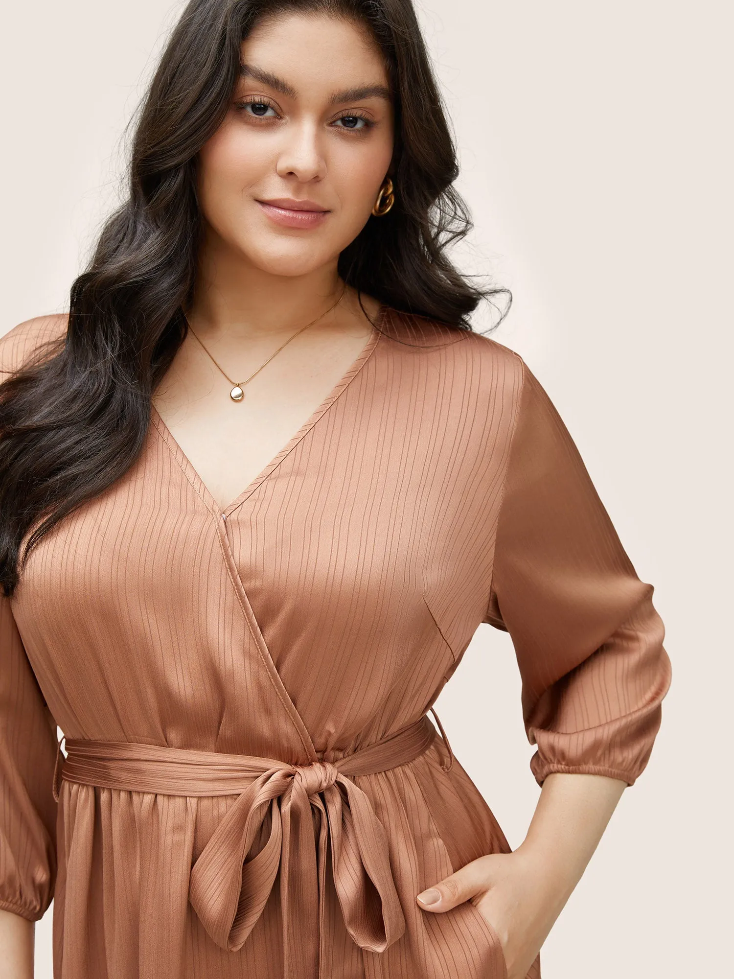 Textured Split Side Belted Overlap Collar Dress sold by Bloomchic product image thumbnail 4