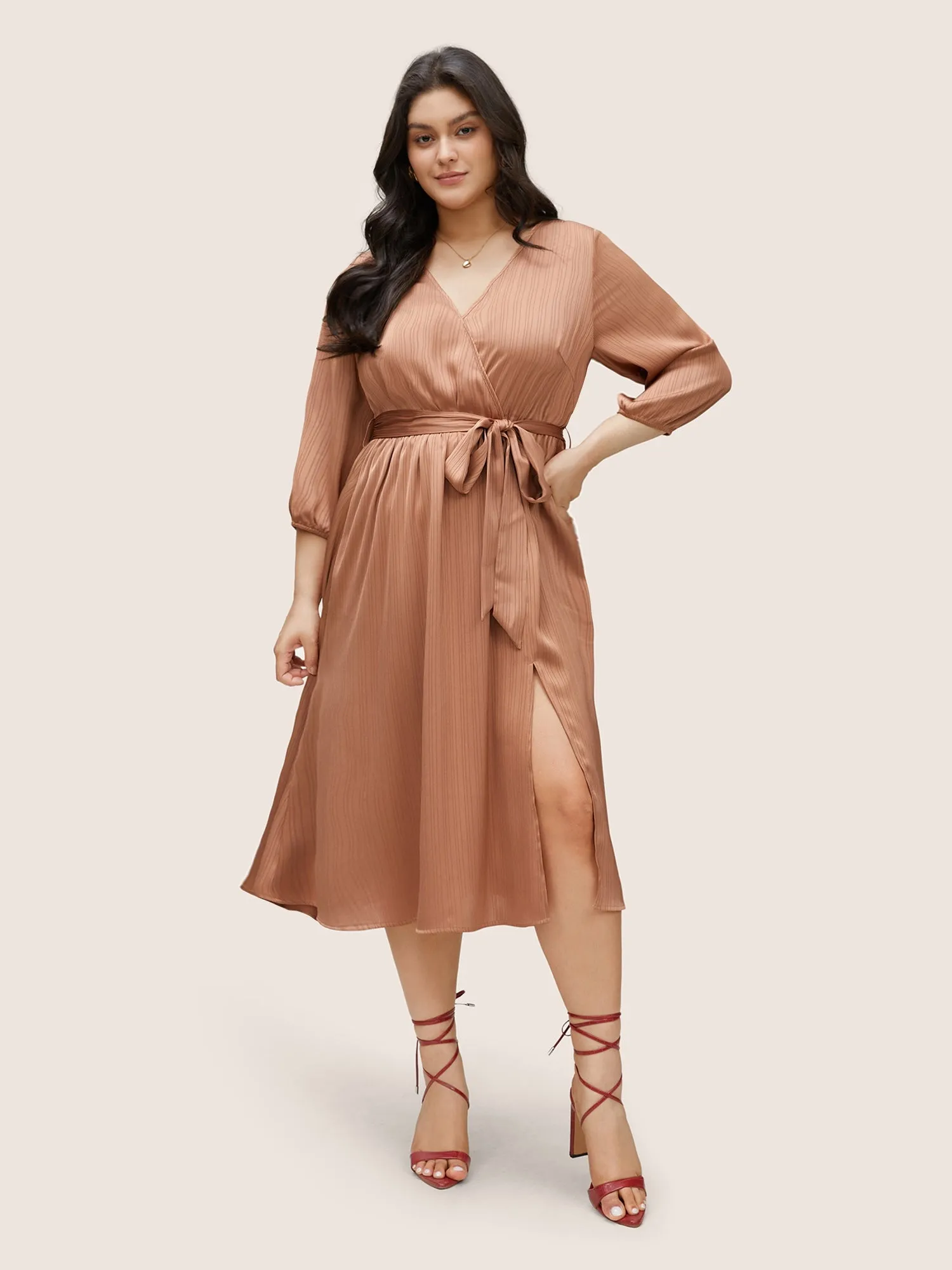 Textured Split Side Belted Overlap Collar Dress sold by Bloomchic
