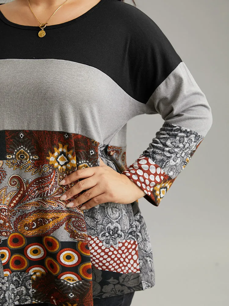 Boho Print Colorblock Contrast Crew Neck T-shirt sold by Bloomchic product image thumbnail 5