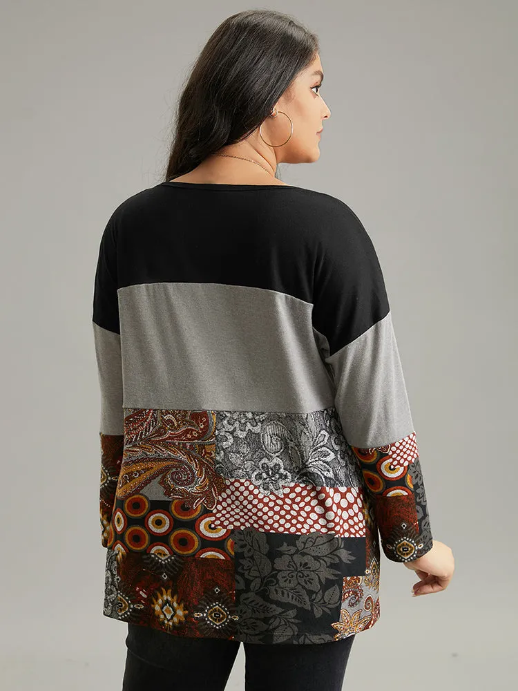 Boho Print Colorblock Contrast Crew Neck T-shirt sold by Bloomchic product image thumbnail 2