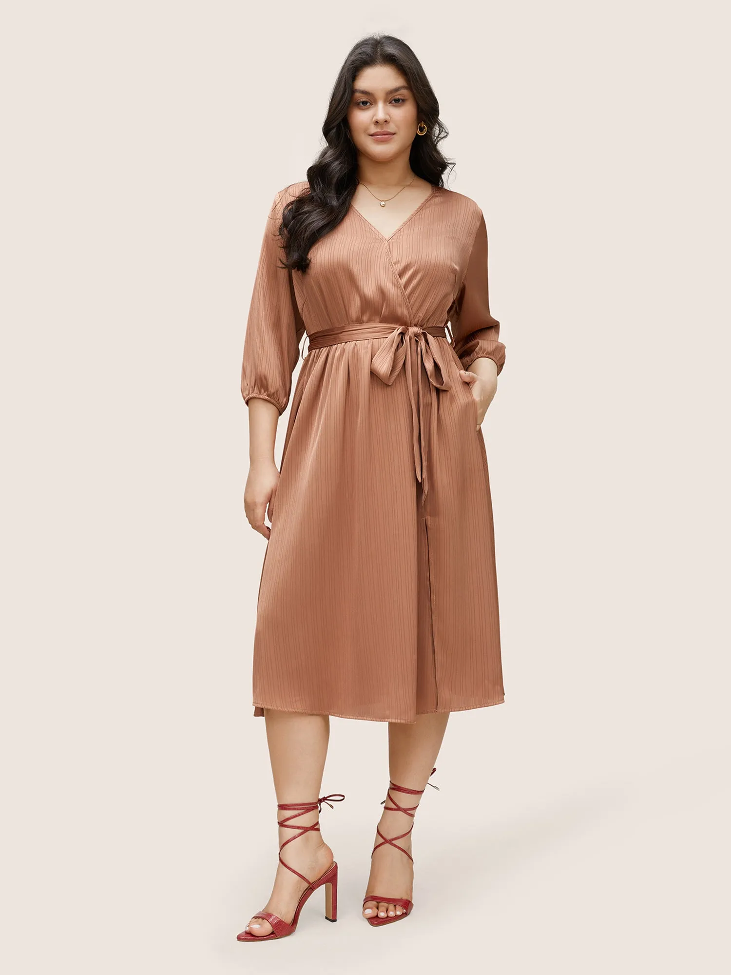 Textured Split Side Belted Overlap Collar Dress sold by Bloomchic product image thumbnail 2