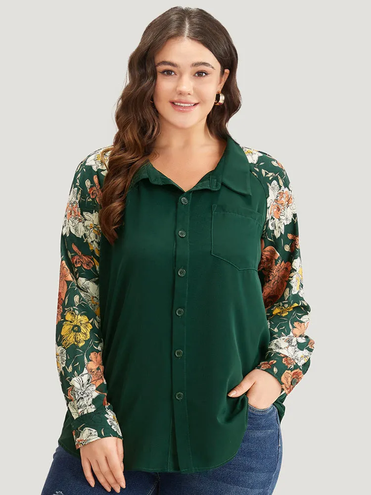 Floral Print Patchwork Shirt Collar Blouse sold by Bloomchic
