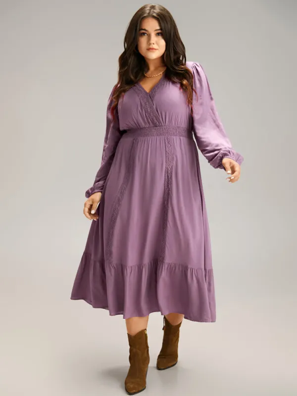 Solid Eyelet Lace Shirred Wrap Flutter Hem Dress sold by Bloomchic
