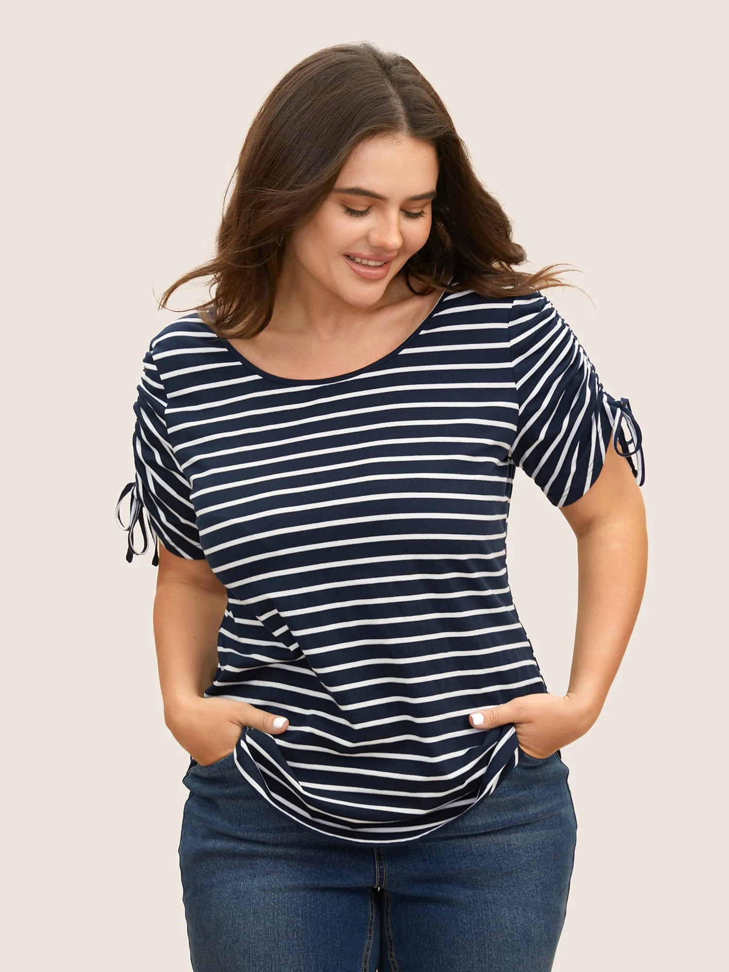 Round Neck Striped Drawstring T-shirt sold by Bloomchic product image thumbnail 2