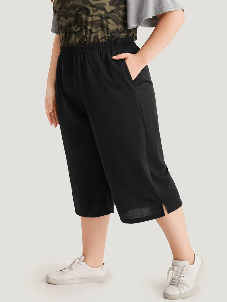 Plain Pocket Elastic Waist Split Hem Cropped Pants sold by Bloomchic product image thumbnail 4