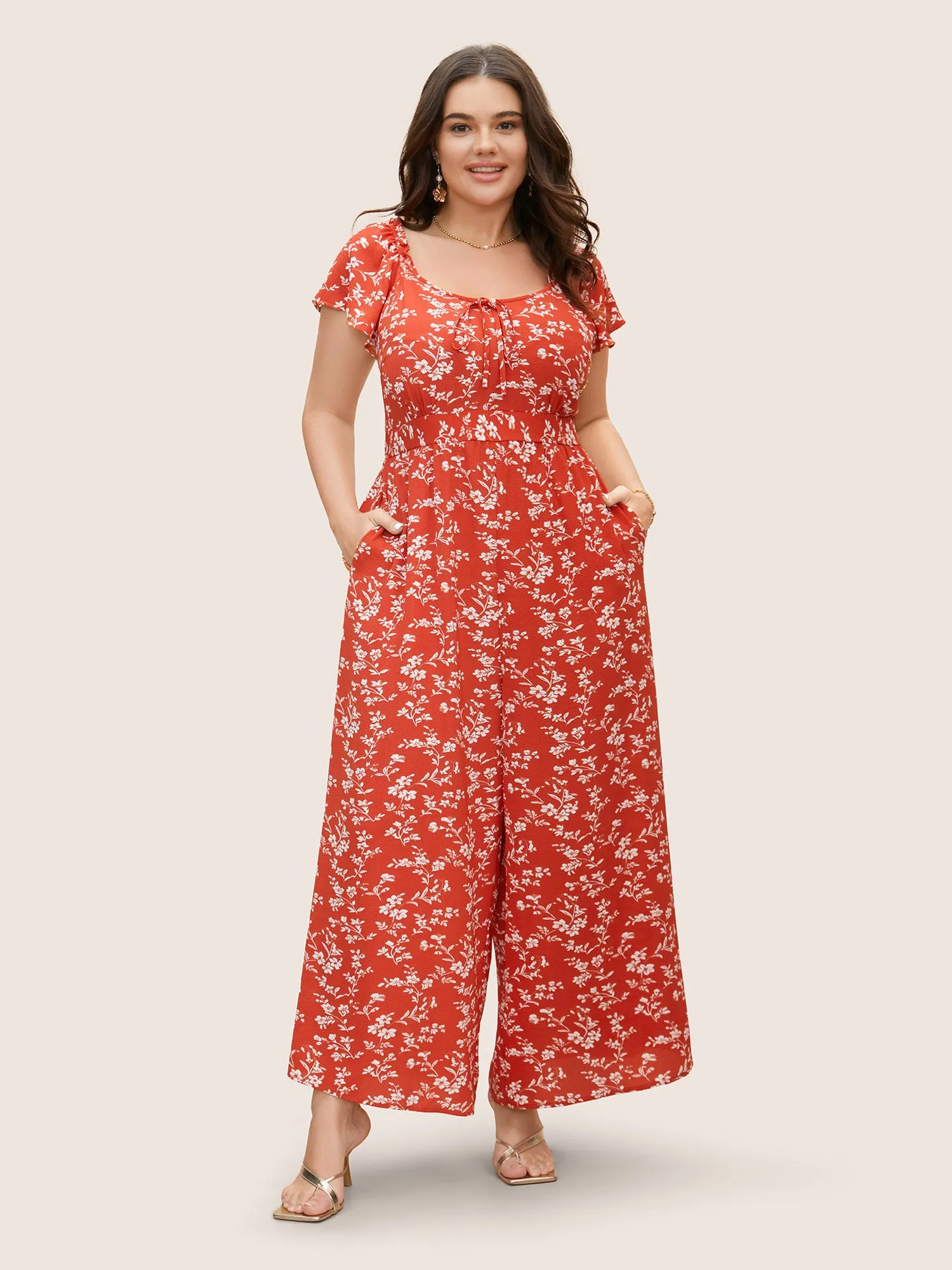 Crew Neck Ditsy Floral Tie Knot Jumpsuit sold by Bloomchic