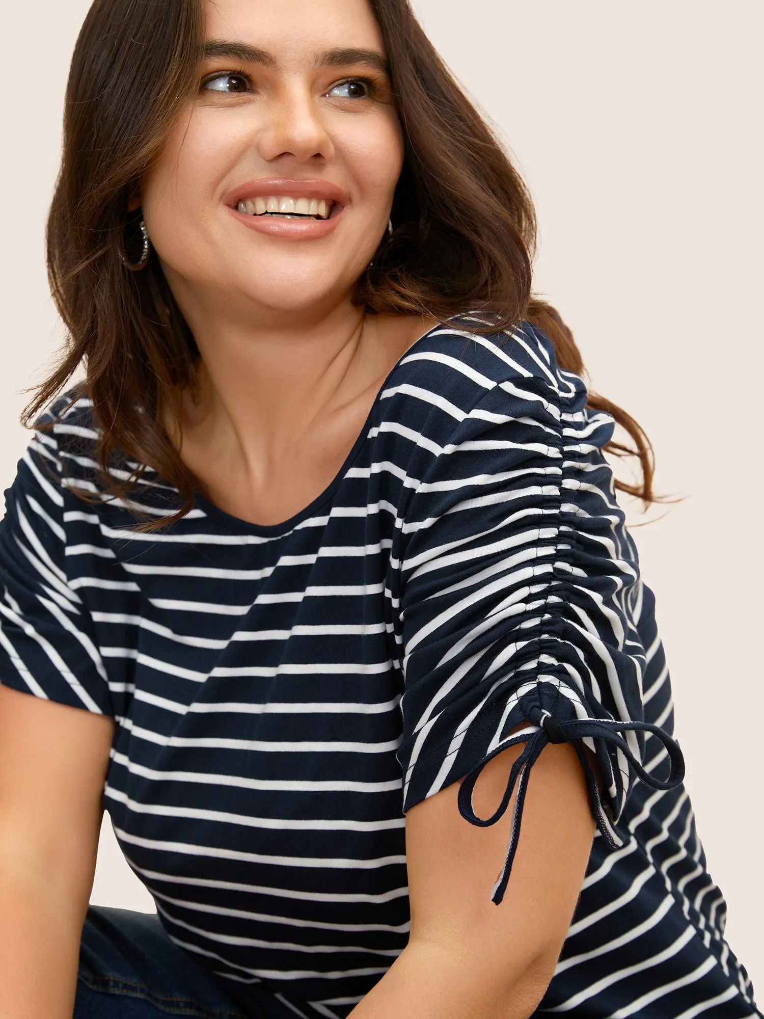 Round Neck Striped Drawstring T-shirt sold by Bloomchic product image thumbnail 5