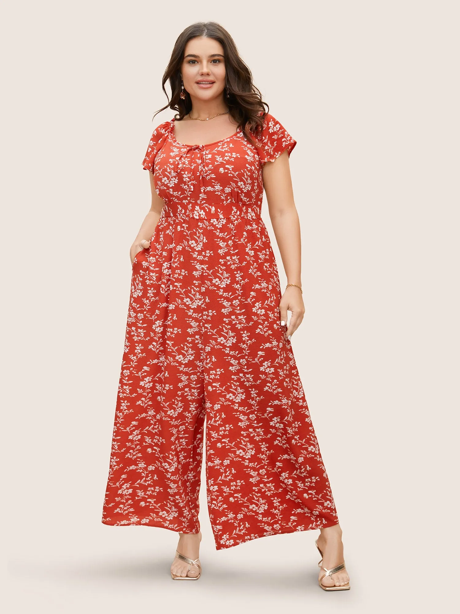 Crew Neck Ditsy Floral Tie Knot Jumpsuit sold by Bloomchic product image thumbnail 3