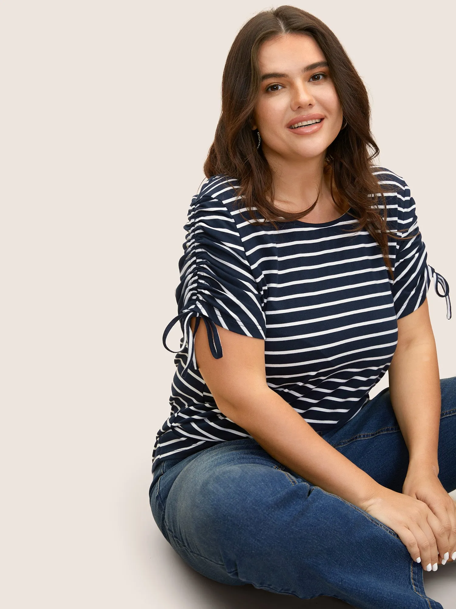 Round Neck Striped Drawstring T-shirt sold by Bloomchic