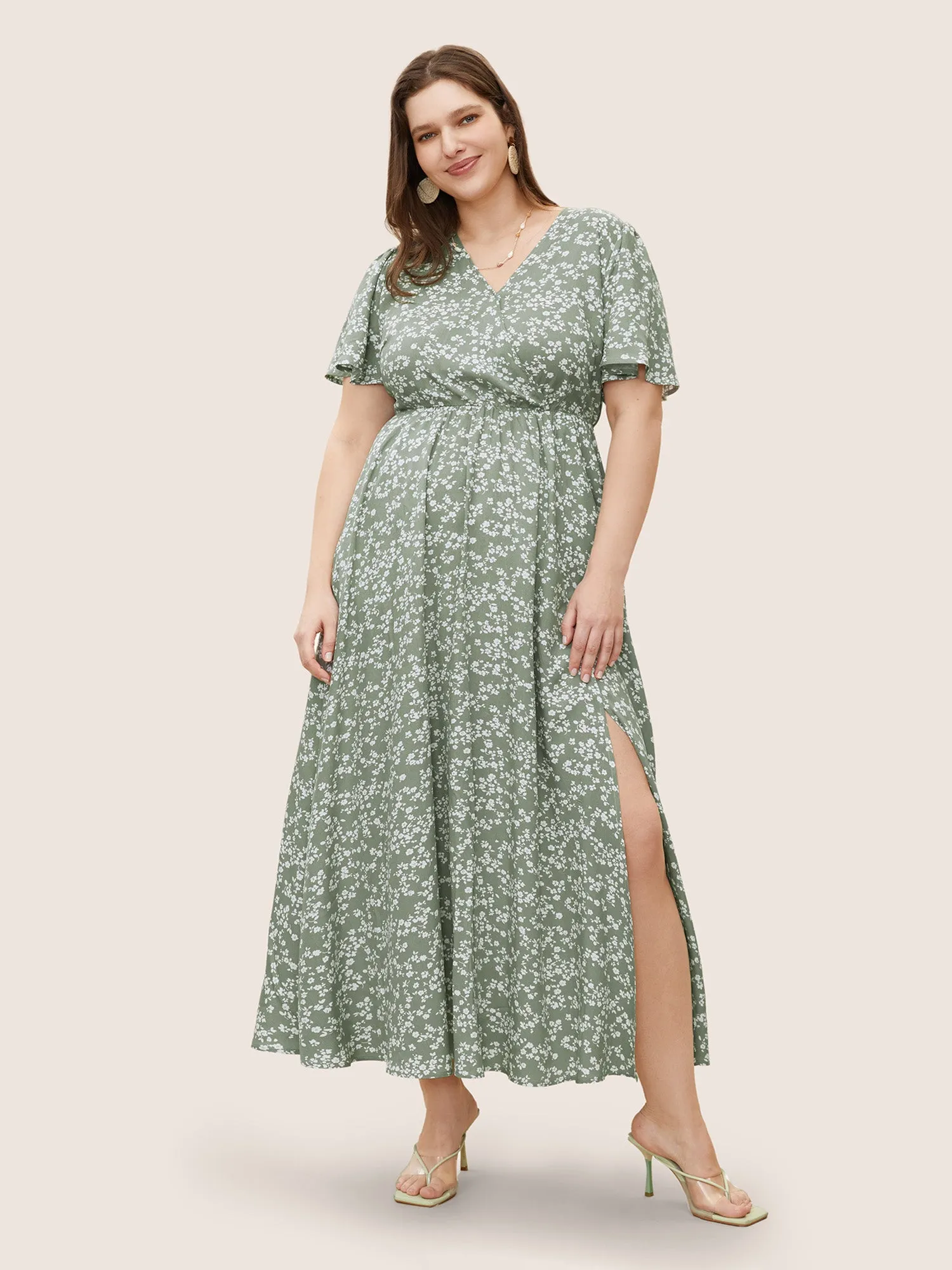 Bloom Dress - Flutter Sleeve Ditsy Floral Pocket Split Maxi Dress sold by Bloomchic product image thumbnail 2