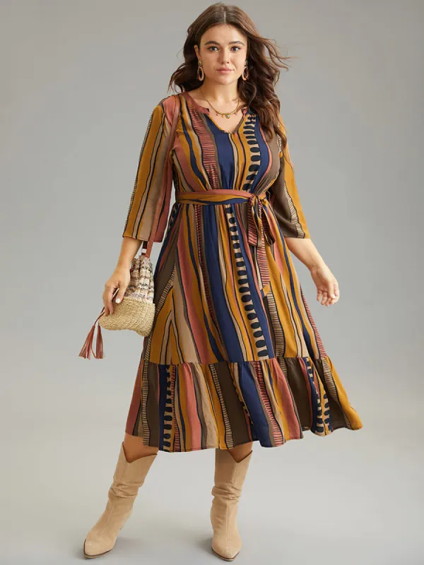 Cotton Striped Colorblock Belted Notched Dress sold by Bloomchic