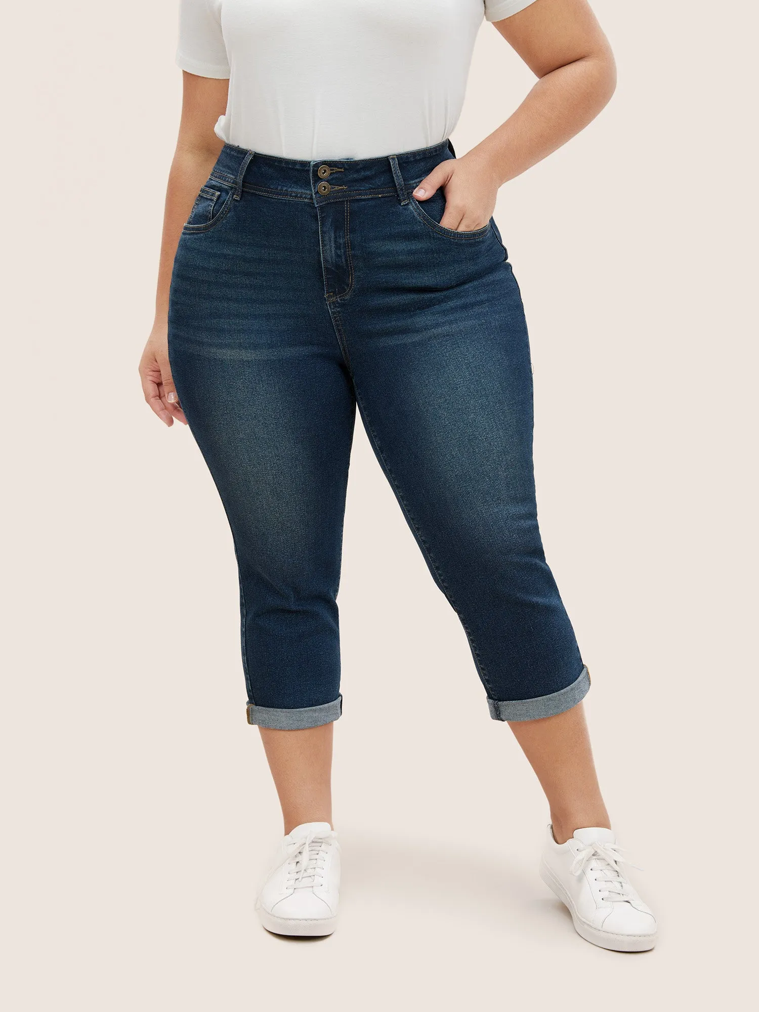 Skinny Roll Hem Cropped Button Up Jeans sold by Bloomchic