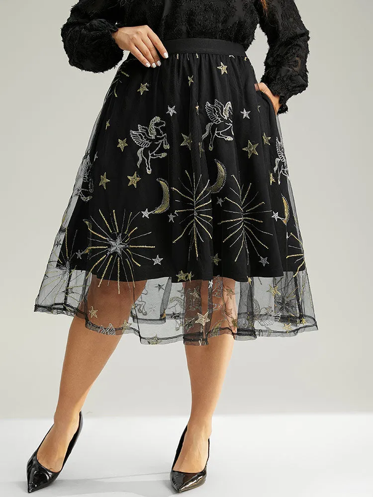 Moon & Star Mesh Embroidered Pocket Skirt sold by Bloomchic