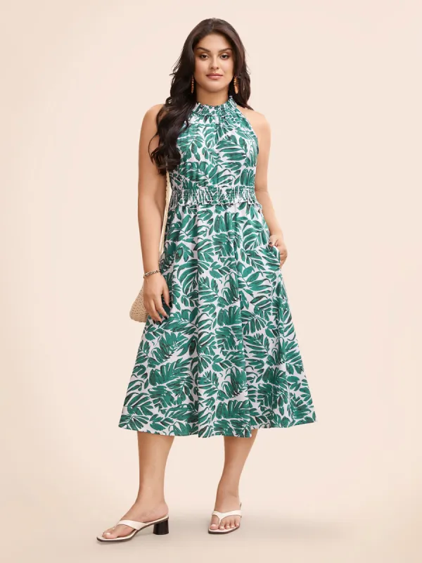 Tropical Print Shirred Frill Trim Sleeveless Dress sold by Bloomchic