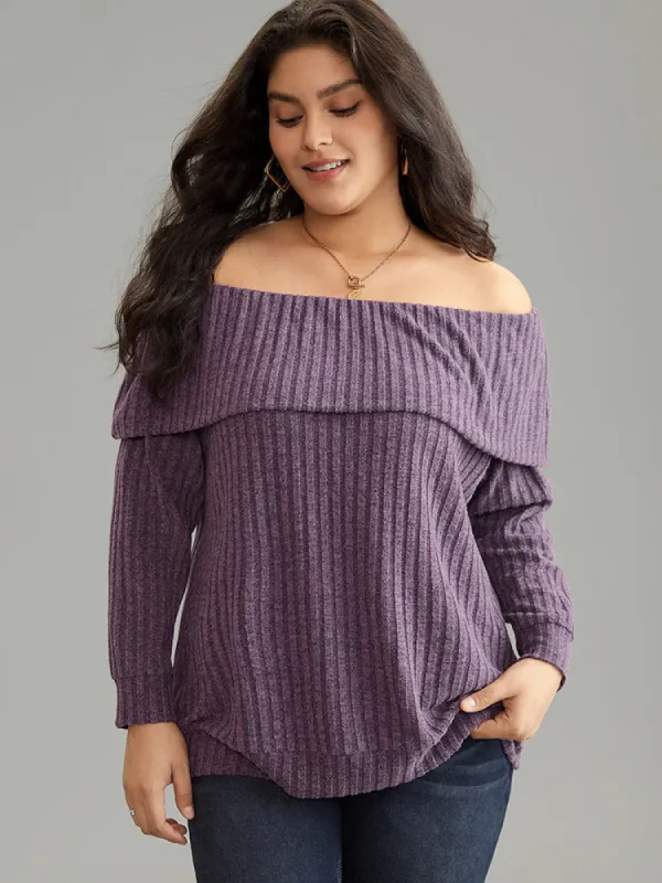 Off Shoulder Solid Plisse Long Sleeve T-shirt sold by Bloomchic