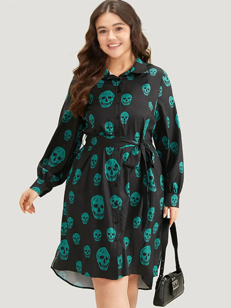 Halloween Skull Print Shirt Collar Belted Split Hem Dress sold by Bloomchic product image thumbnail 4