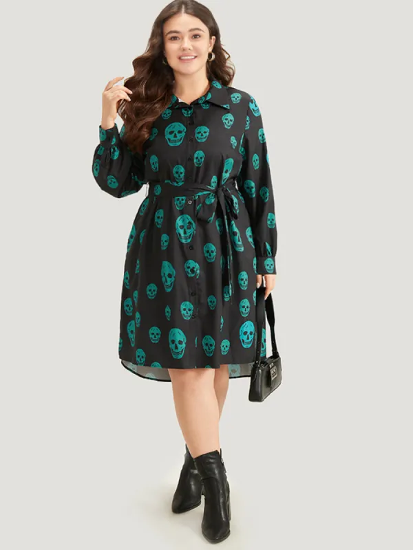 Halloween Skull Print Shirt Collar Belted Split Hem Dress sold by Bloomchic