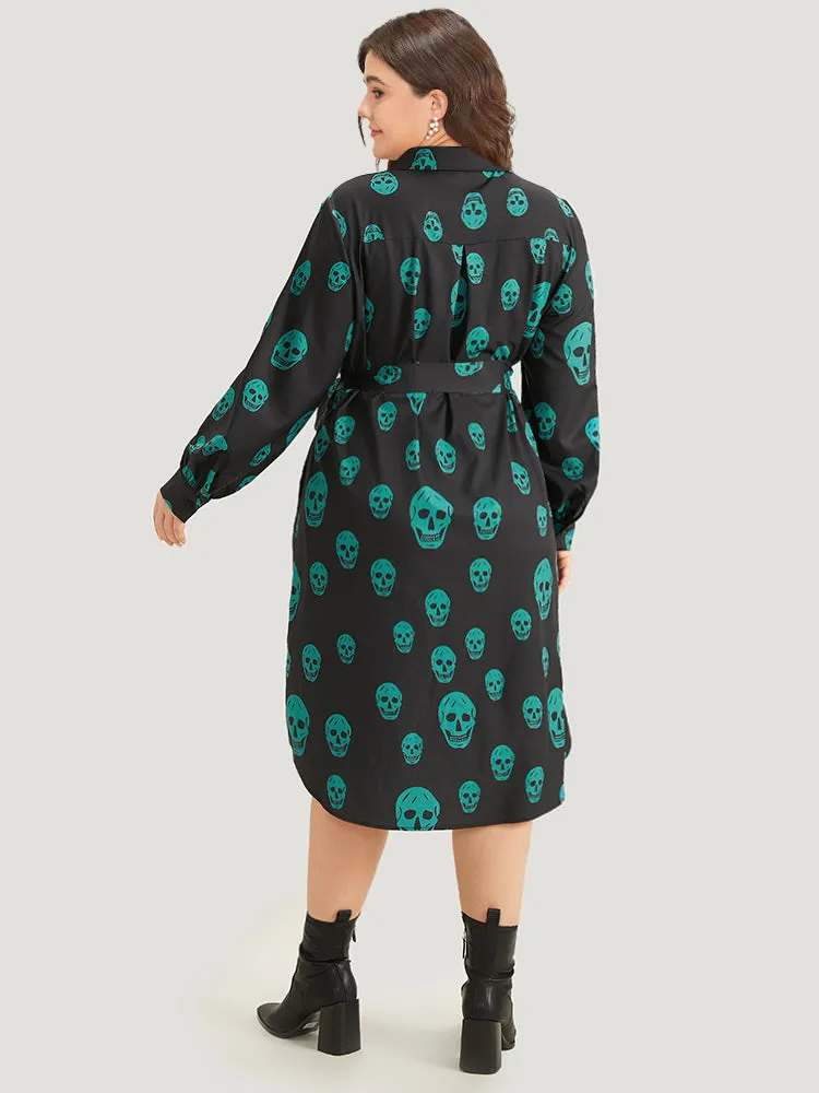 Halloween Skull Print Shirt Collar Belted Split Hem Dress sold by Bloomchic product image thumbnail 5