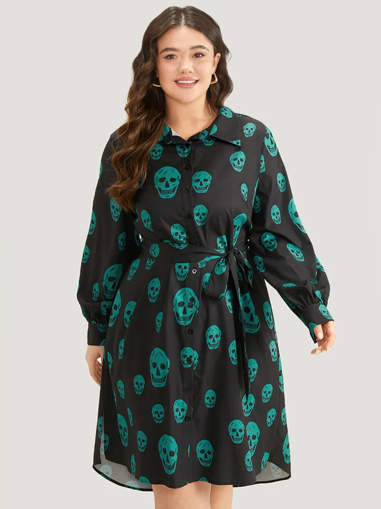 Halloween Skull Print Shirt Collar Belted Split Hem Dress sold by Bloomchic product image thumbnail 2