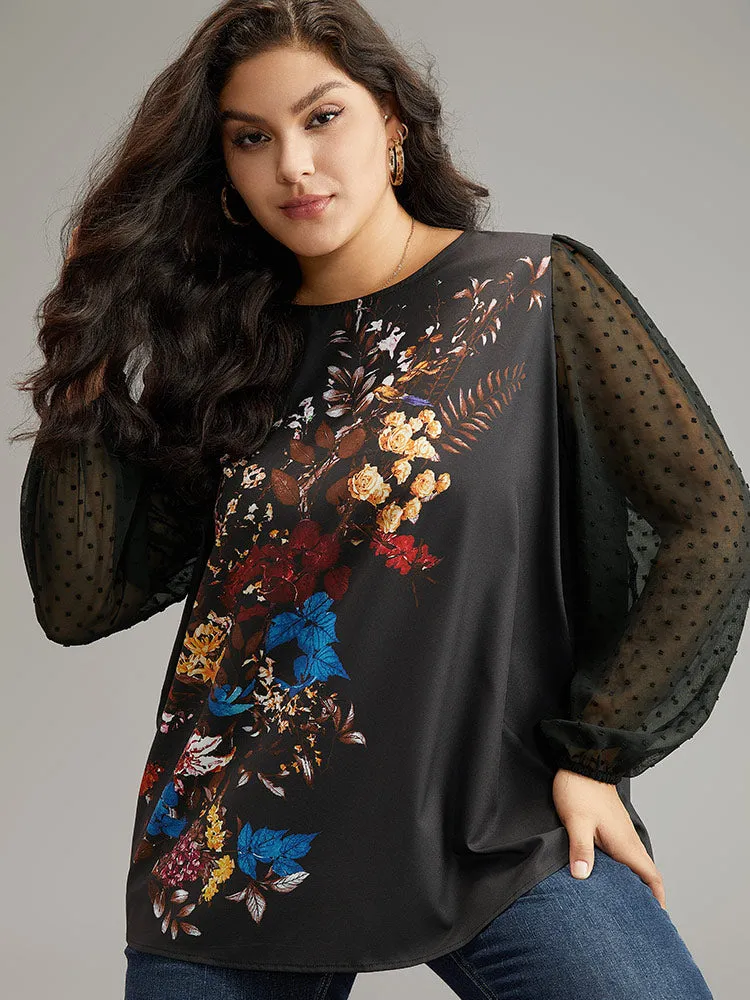 Boho Print Patchwork Mesh Lantern Sleeve Blouse sold by Bloomchic