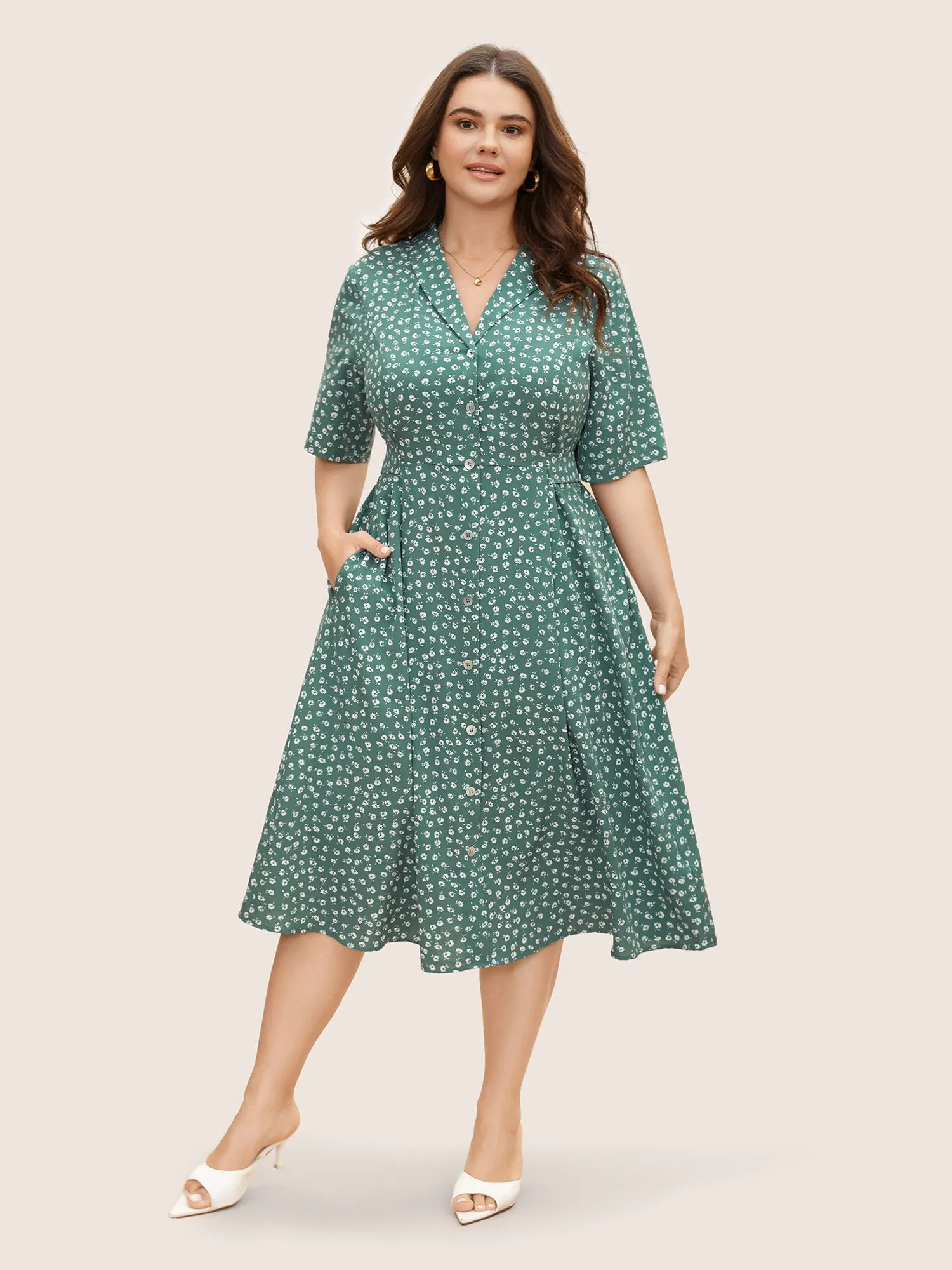 Lapel V-Neck Midi Dress sold by Bloomchic