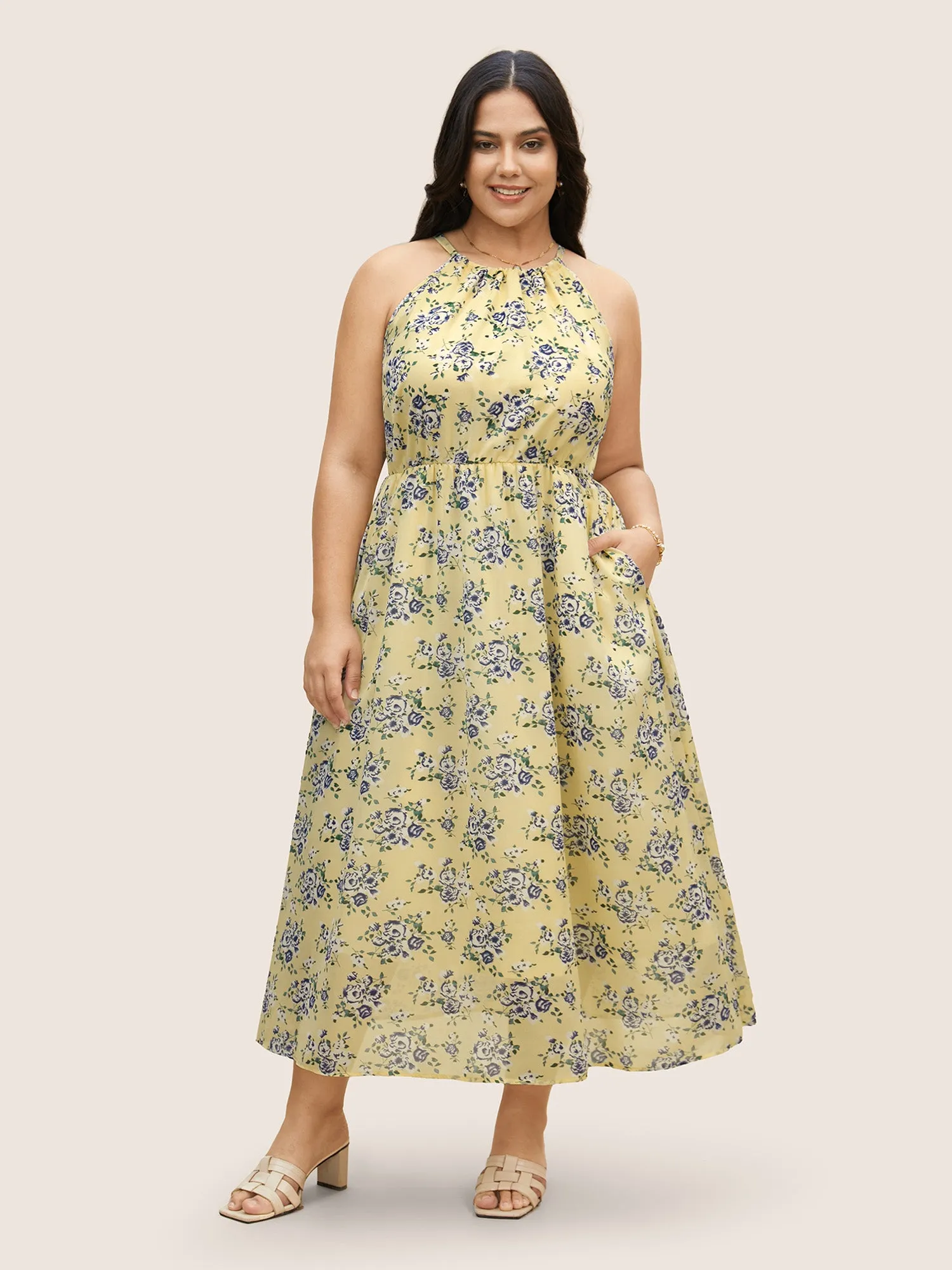 Halter Neck Floral Elastic Waist Dress sold by Bloomchic