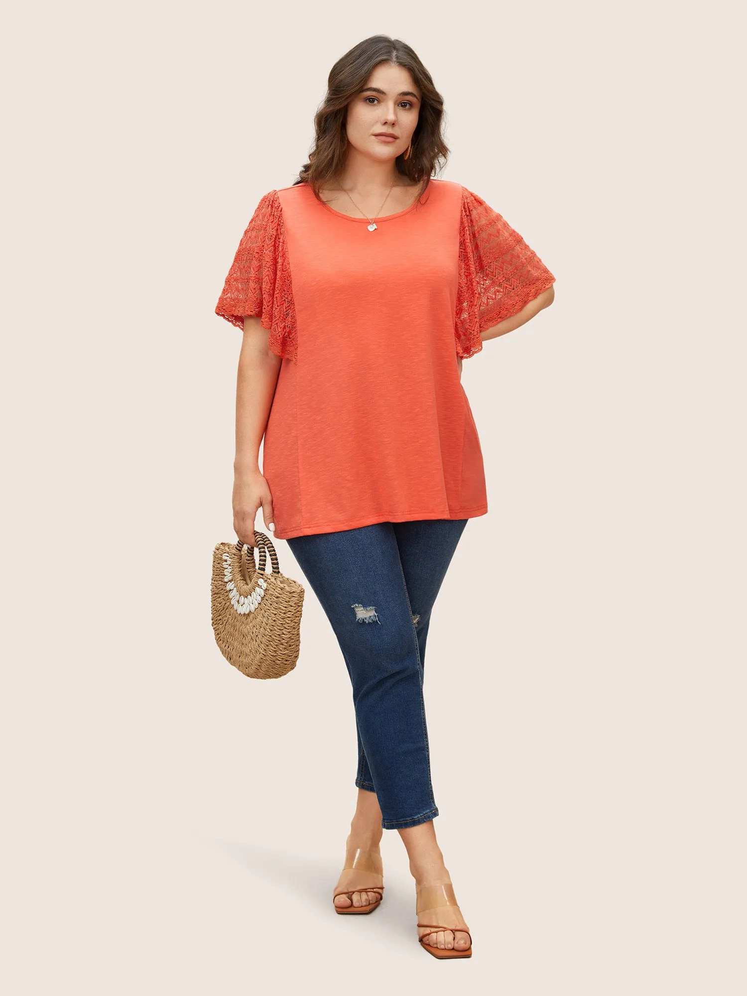 Crochet Lace Mesh Flutter Sleeve T-shirt sold by Bloomchic product image thumbnail 3