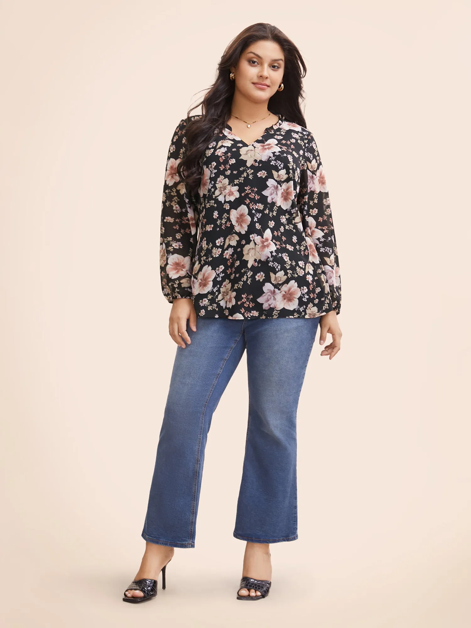 Chiffon Floral Notched Ruffle Trim Blouse sold by Bloomchic product image thumbnail 2